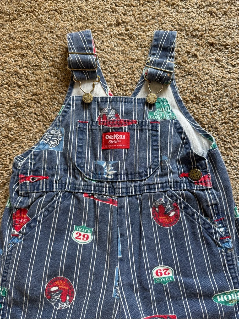 OSHKOSH B’GOSH Vintage Striped Train Vehicle Patch Track Vestbak Overalls